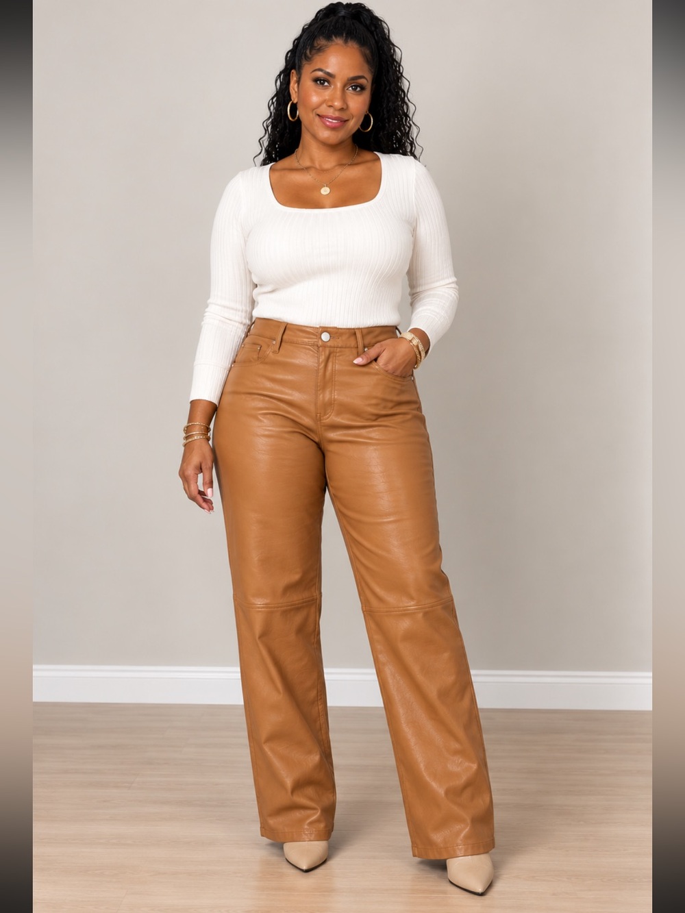 Blank NYC Camel Wide-Leg Faux Leather Jeans